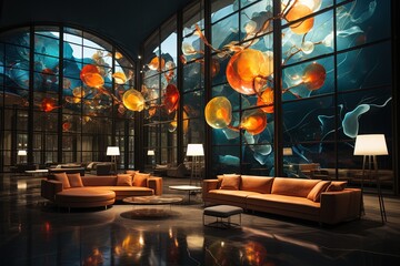 Wall Mural - Interior of the room with large orange sofas among the room