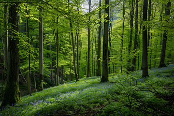 Naklejka na meble Lush forest waking up arrival of spring Black Forest of Germany vibrant greenery adorning tree carpet of bluebell blanketing forest floor