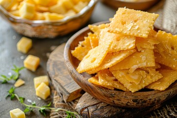 Sticker - Cheese flavored cassava chips with copy space ideal for recipes articles catalogs design or commercial use