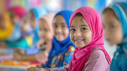 Children with bright smiles engage in a colorful painting activity in a cheerful classroom environment. Joyful Art Class