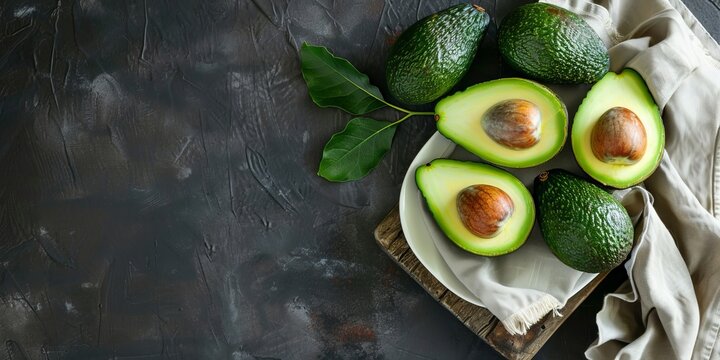 Top view of ripe avocados arranged on a white platter and wooden cutting board