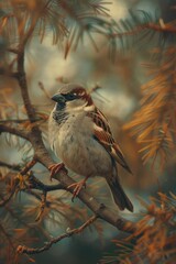 Wall Mural - A bird sits on the branch of a tree, its feathers ruffled slightly as if in mid-movement