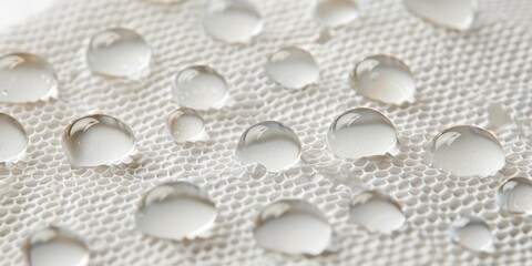 Fototapete - Macro shot of water droplets on a black hexagonal surface, showcasing the detailed and reflective properties of the wet texture