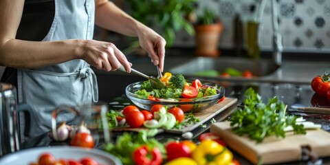 Wall Mural - Woman is preparing a fresh healthy vegan salad with many vegetables in the kitchen at home