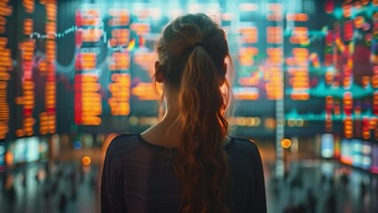 Poster - This woman stands in front of a large stock market ticker board, her back to the camera.