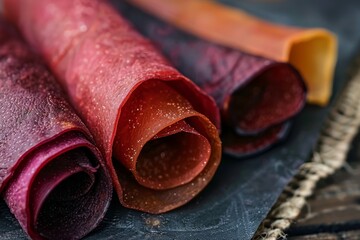 Wall Mural - Close up of homemade healthy fruit leather roll Pastille Dried fruit chips