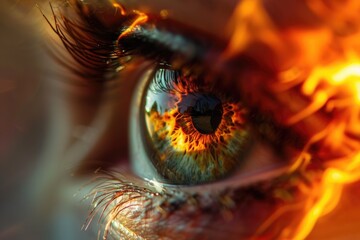 Wall Mural - A close-up shot of an individual's eye with intense flames burning behind it
