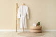 © Pixel-Shot - Decorative ladder with cosmetic products and hanging bathrobe near beige wall