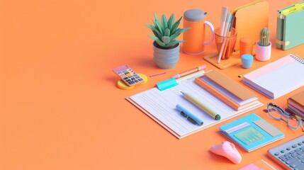 Vibrant home office setup with colorful stationery and a computer on an orange desk. Great for creative workspaces and remote work inspiration