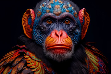 A colorful monkey with blue and yellow paint on its face.