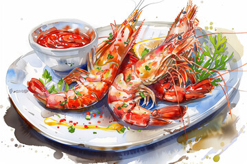 Wall Mural - Watercolor painting of grilled river prawns and seafood dipping sauce on a plate.