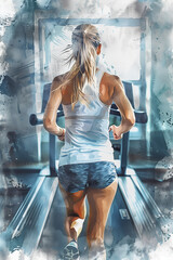 Wall Mural - Watercolor painting of a woman running on a treadmill in a gym.