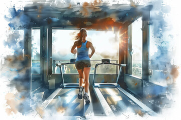 Wall Mural - Watercolor painting of a woman running on a treadmill in a gym.