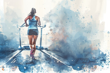 Wall Mural - Watercolor painting of a woman running on a treadmill in a gym.