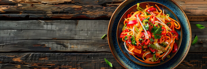 Somtam in a plate on a wooden table, papaya salad, Somtam is the name of a Thai food that has a spicy taste.