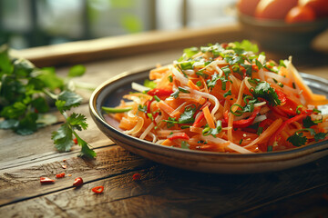 Somtam in a plate on a wooden table, papaya salad, Somtam is the name of a Thai food that has a spicy taste.