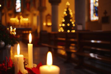 Poster - Candlelight softly illuminates a church interior during Christmas with a festive tree in the background, creating a warm, peaceful atmosphere.