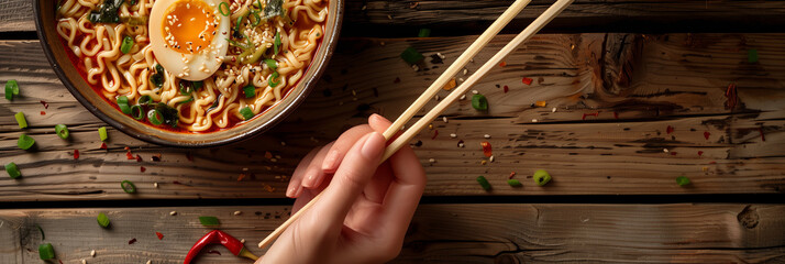 Closeup of chopsticks holding cooked ramen on wooden table.