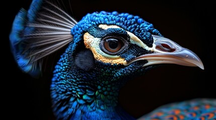 Wall Mural - Close-up of a vibrant peacock with colorful feathers and detailed textures, captured in profile. Nature and wildlife photography concept