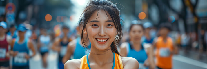 Wall Mural - Asian female athlete smiling with confidence at a city marathon event