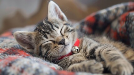 Poster - Cute Kitten with Eyes Closed on Blanket with Red Collar and Bell