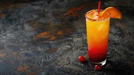 Poster - Tequila sunrise cocktail displayed on a dark stone background with room for text