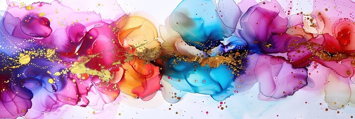 Wall Mural - alcohol ink, vibrant colors, white background, splashes of gold glitter and paint,