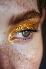 Canvas Print - A woman with a gold eye shadow and green eyes
