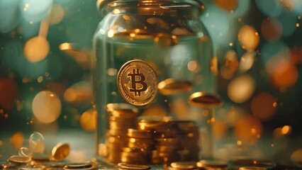 Poster - This single Bitcoin coin falls into a glass jar filled with stacks of gold coins.