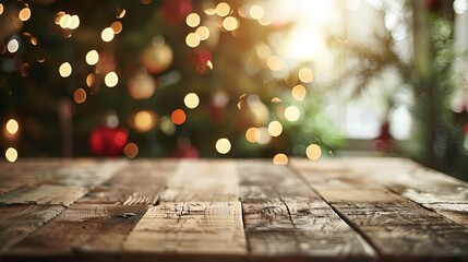 A wooden table is empty in front of a blurry Christmas background. There is space in the photo for you to add your own text.