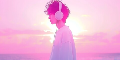 A young man with curly hair wearing headphones on a background with pink shades. Silhouette of a guy listening to music or podcast