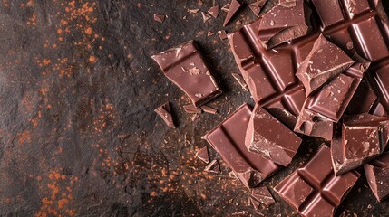 Broken Pieces of Dark Chocolate on Rustic Surface