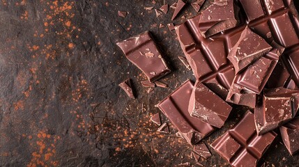 Wall Mural - Broken Pieces of Dark Chocolate on Rustic Surface