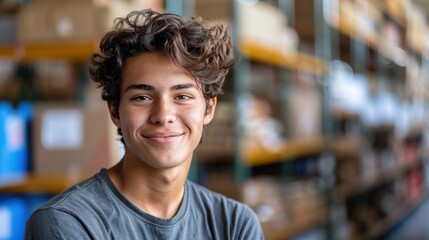 Wall Mural - Portrait of a Smiling Young Man in a Warehouse