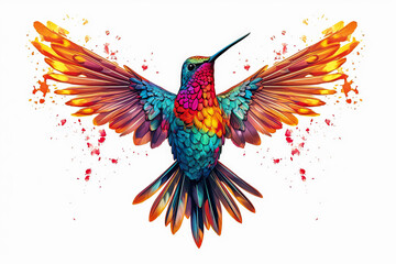 Wall Mural - A colorful hummingbird is flying in the air with its wings spread wide.