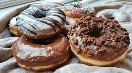 Sticker - Assortment of Glazed Donuts on a Fabric Background