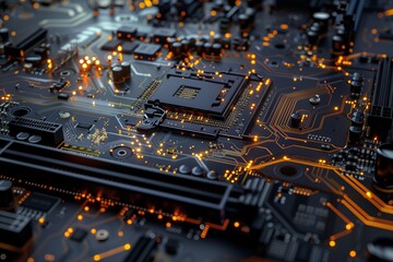 A highly detailed motherboard with intricate circuits and pathways, pulsating with light and energy, symbolizing data processing.