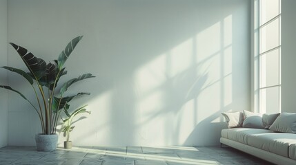 Poster - Minimalist interior with window plant and sofa Design inspiration for home decor