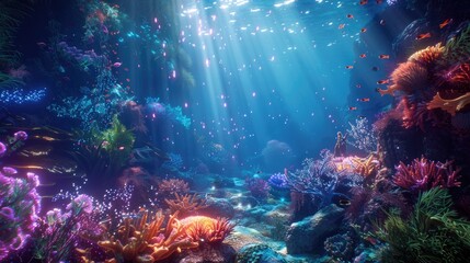 Wall Mural - A beautiful underwater scene featuring vibrant coral reefs and streams of sunlight filtering through the water. AIG59