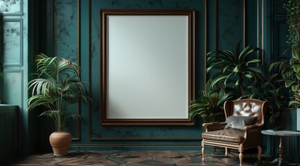 Wall Mural - A large blank frame hanging on the wall of a vintage room, with green plants and antique furniture.