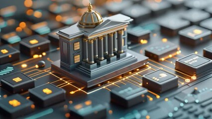 Aufkleber - This miniature bank building sits on a computer circuit board.