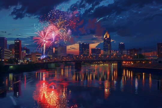 Fireworks over Columbus skyline at sunset during celebration event reflected in river