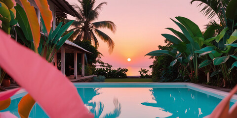 Wall Mural - a relaxing pool at the sunset of a tropical summer. sunset, dusk, summer, vacations, relaxing