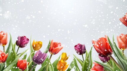 Wall Mural - Colorful tulip flower banner on snowy white background