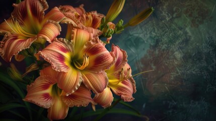Wall Mural - Macro still life image of isolated vivid daylily flowers on dark background with intricate texture reminiscent of vintage art