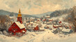 © Stewart Bruce - A beautiful vintage painting of a peaceful winter time village with a charming clock tower. Perfect for Christmas time themed, retro postcards design. countryside, traditional pastel color.