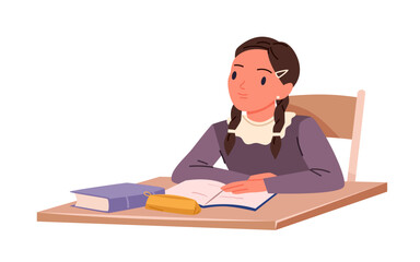 Young student sitting at school desk to read and study in class. Funny girl studying with open notebook and books, pupil character in college lesson or examination cartoon vector illustration