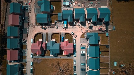 Aerial view of residential neighborhood with houses under construction in Harrogate, North Yorkshire