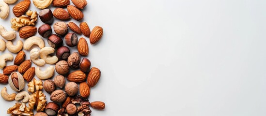 Wall Mural - Top view of assorted nuts on a white background with space for text.
