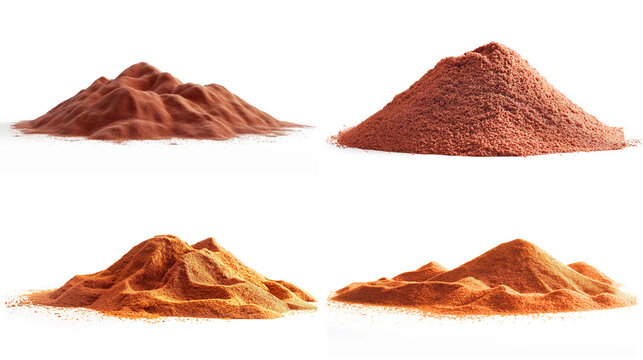 side view on set of red sand piles on white background